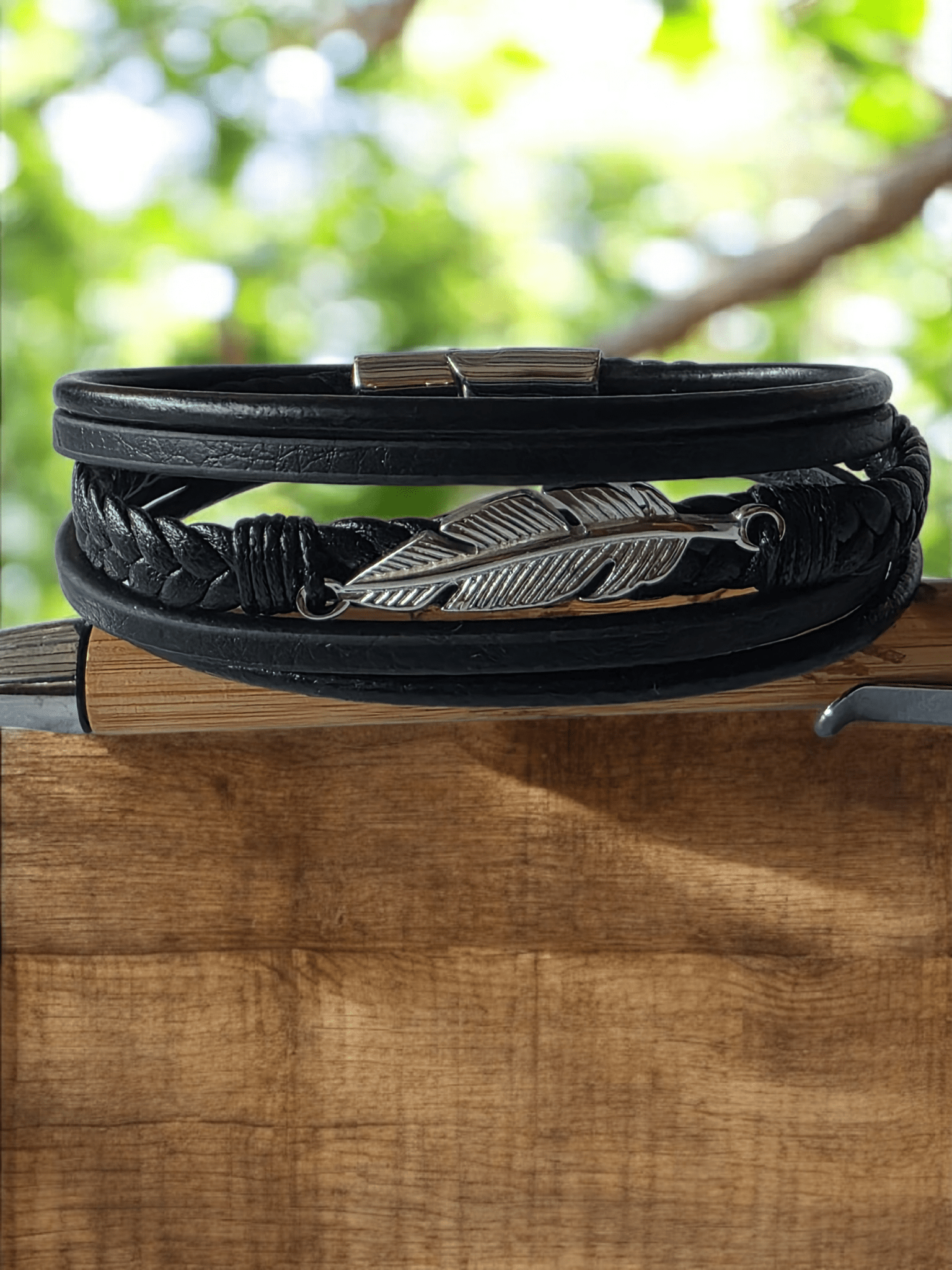 Bracelet plume cuir acier inoxydable - Claudine Biker Shop